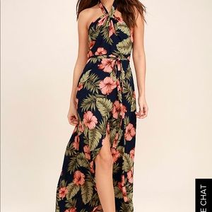 LuLus Hawaiian Print Halter Wrap Dress - small